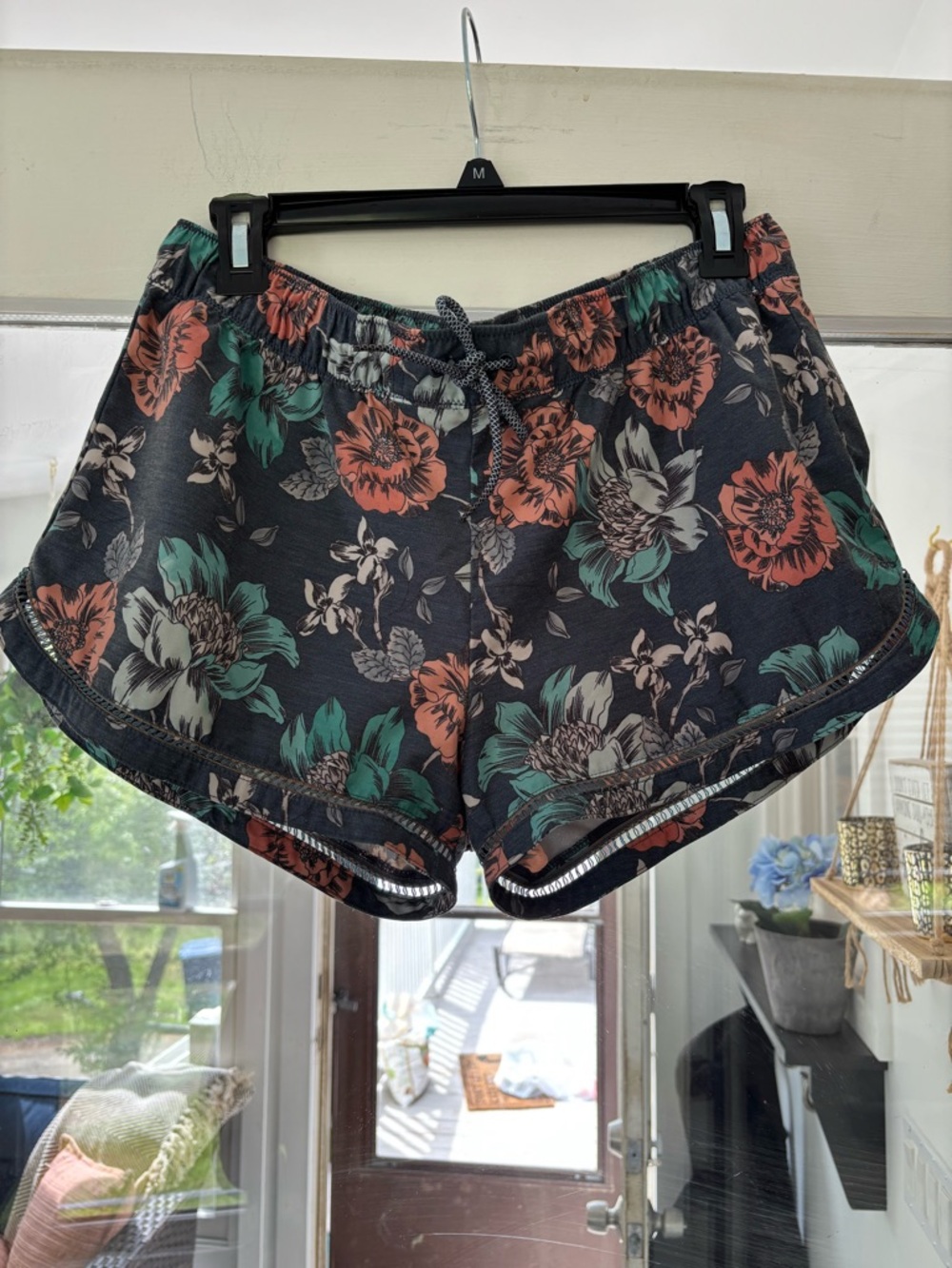 Prana Blue Floral Drawstring Athletic Shorts with Coral & Green Accents